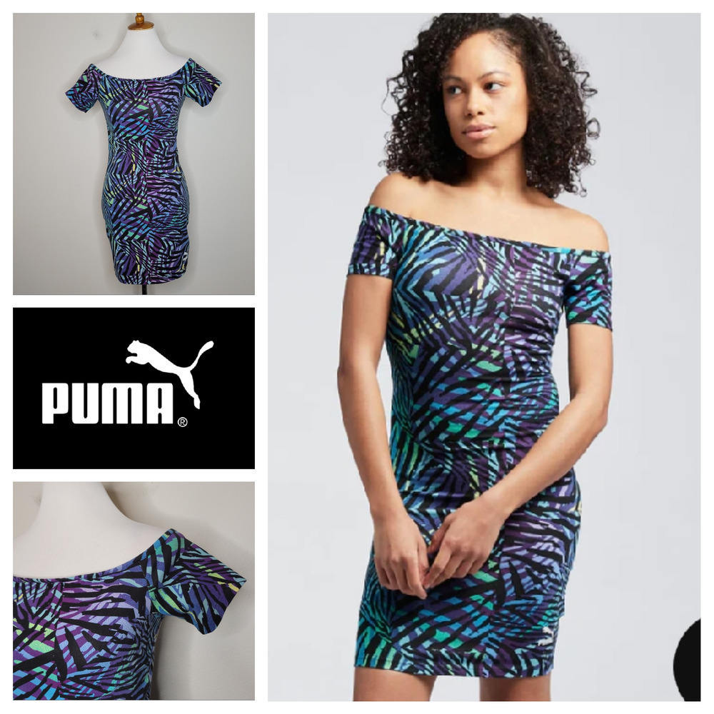 Puma Off The Shoulder Bodycon Dress Tropical Leaf Print Purple Blue Green Size L